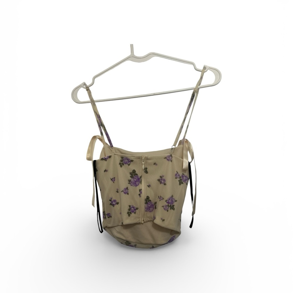 Floral cream with purple flowers design Women's top Small - Picture 2 of 2